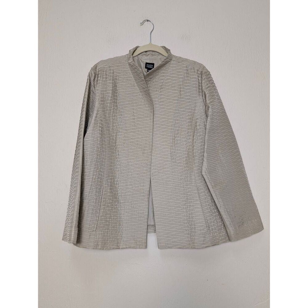 Eileen Fisher Womens 100% Silk Textured Open Front Blazer Jacket Champagne Sz XL